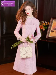Abito Rosa su Misura FMY per Signore con un'Atmosfera Nobile e Ricca, Vestito a Linea A con Vita Stretta e Orlo Nero 68683 - Product Image 2