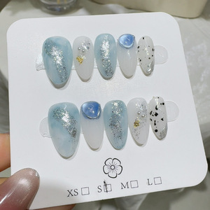 Faux ongles à presser faits main, violet <span class=keywords><strong>pastel</strong></span> rose, forme amande, avec strass argentés scintillants, très demandés, fournisseur de manucure élégante - Product Image 4