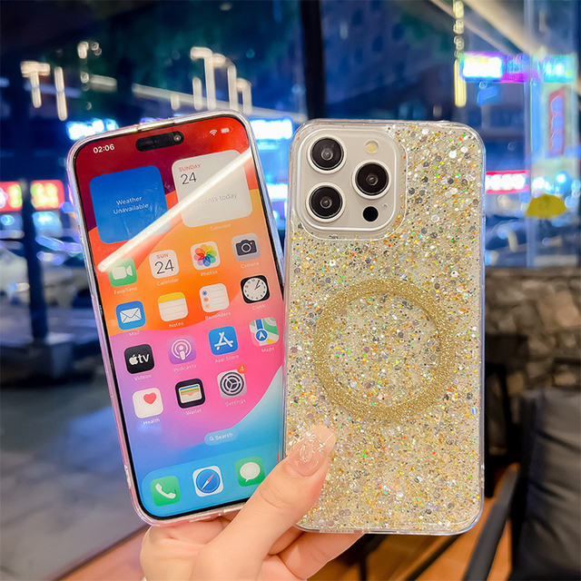 Shockproof for iPhone 16 Shiny Glitter clear Case Cellphone Covers for Mobile Magnetic case iPhone 16 Pro Max 16 Plus 15 14