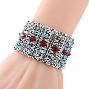 Bracciale Rigido Largo in Stile Etnico con <span class=keywords><strong>Perline</strong></span> Argento Blu e Rosso Vino <span class=keywords><strong>per</strong></span> Donne, Cornice in Metallo Retrò Anticato - Product Image 3