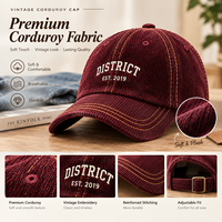 Casquette en velours côtelé avec logo personnalisé, vente en gros, style rétro vintage, visière incurvée, surpiqûres contrastées, unisexe, bordeaux
