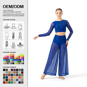 Traje de Danza Lírica de Dos Piezas con Malla de Pedrería Azul Rey, Top Corto de Manga Larga y Pantalones Acampanados, Atuendo de Ballet Contemporáneo - Product Image 1