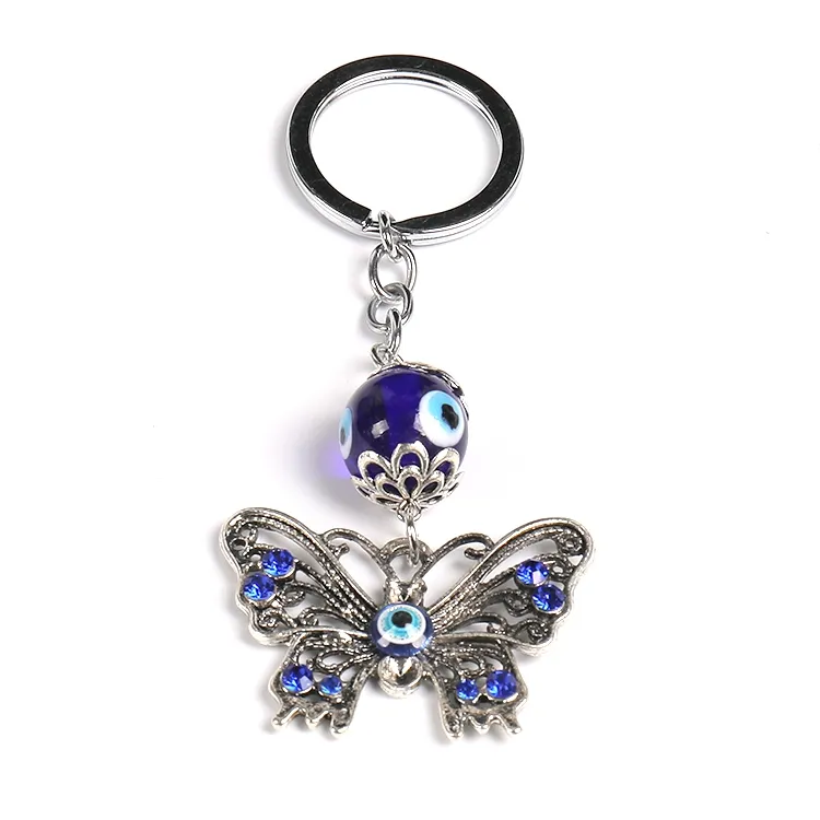 Promoção royal blue pedras no pingente de borboleta, com vidro evil olho, miçangas, chaveiro, design de fábrica