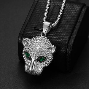 Yunnique – collier avec pendentif tête de léopard en acier inoxydable, avec yeux verts, serti pavé, bijoux unisexes pour fête, accessoire de mode - Product Image 3