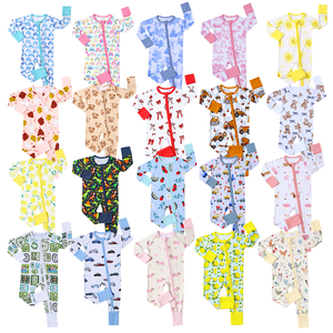 Piyama Viscose Bambu Custom Print Grosir, Romper Bayi Bambu Organik Resleting Ganda, Little Sleepers, Pakaian Bayi Bambu Anak-anak - Product Image 1