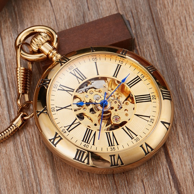 Luxury Copper Silver Automatic Mechanical Pocket Watch Clock Fob Chain Watch Men Roman Numbers Clock High Quality Pocket Watches