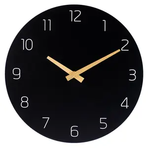 นาฬิกาติดผนังสีดำ MDF 12นิ้วใช้แบตเตอรี่เงียบสไตล์มินิมอลดีไซน์เรียบง่ายใช้ในห้องนั่งเล่นห้องครัวบ้าน
