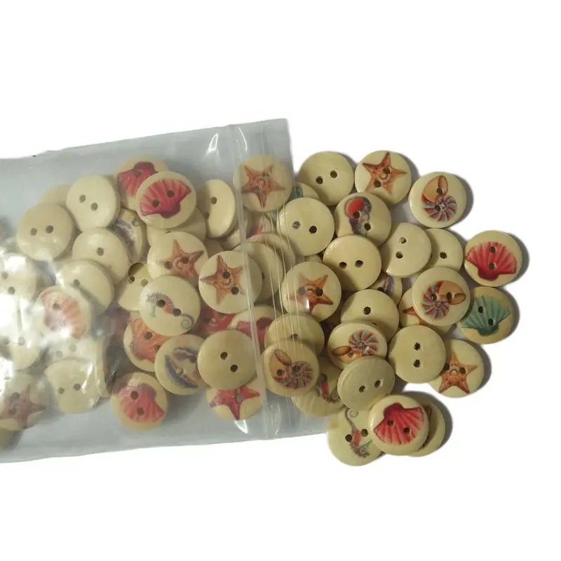 15mm Mixed Printing 2 Holes Wood Decorative Buttons For Kids DIY Material