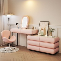 Coiffeuse en bois massif avec plateau en pierre, tiroirs intégrés et armoire éclairée, style moderne minimaliste crème, pour chambre et salon