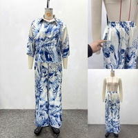 Ensemble tendance pour femmes à imprimé tropical, ensemble 2 pièces, chemise boutonnée à manches 3/4 et pantalon large assorti, costumes élégants pour femmes