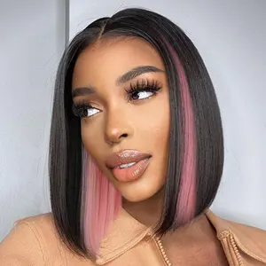 G T Wig Pink Peekaboo Bob Wig Short Black Mix Pink Highlight Blunt Cut Wig For Women Straight Hair For Party Daily Costume Use