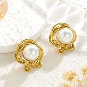 Boucles d'oreilles en verre plaqué or de style décontracté et simple avec des motifs floraux, des nœuds et des formes géométriques pour femmes pour un usage quotidien - Product Image 6