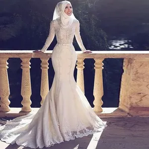 Vestidos de casamento musculino, mangas compridas 2022 com hijab tule varredura, aplique, chiffon, comprimento até o chão, sereia arábia