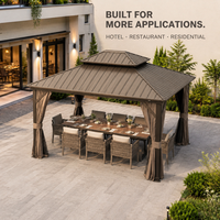Gazebo à toit rigide incliné 12x12 pieds pour terrasse et patio, avec rideaux et moustiquaire, et support pour plans de projet