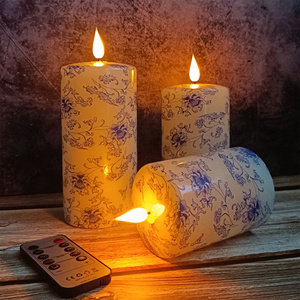 Bleu et blanc porcelaine impression LED <span class=keywords><strong>cire</strong></span> de paraffine pilier bougie 3 pièces Style céramique chinoise sans flamme scintillement personnalisé décor à la maison - Product Image 3