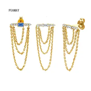 Женские серьги с бриллиантами и синим сапфиром FUAMAY, длинные серьги-Багеты с двойной цепочкой и кисточками из 18-каратного золота, сережки для женщин