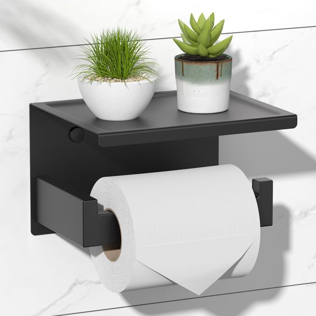 Toilet Paper Holder 304 Stainless Steel Matte Black Wall Mounted Bathroom Tissue Roll Dispenser with Shelf Hotel Home Commercia