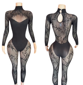 Viviblook Z0105JP New <b>Women's</b> Casual Jumpsuits Lace Sexy Hollow Out Long Sleeved <b>Black</b> One Piece Jumpsuit - Product Image 1