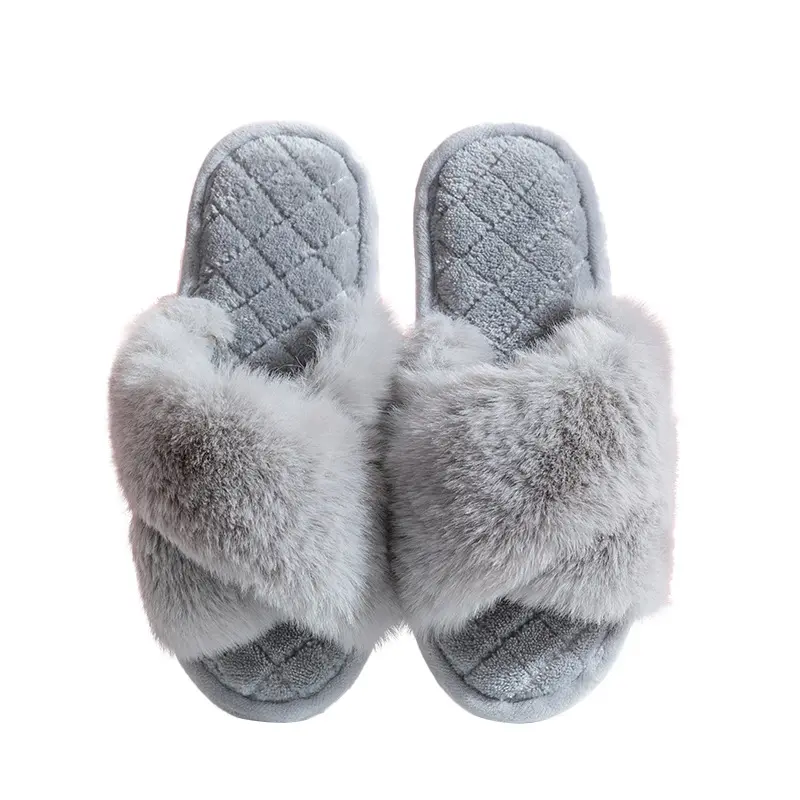 Winter Plush Fuzzy Slippers Cross Band House Shoes For Women