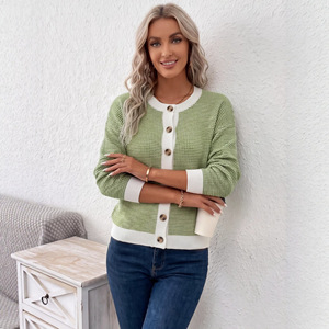 Cardigan pour femme, vert herbe, col rond, tricoté, color block, coupe ample, automne-hiver, style Europe-Amérique, tailles SMLXL - Product Image 4