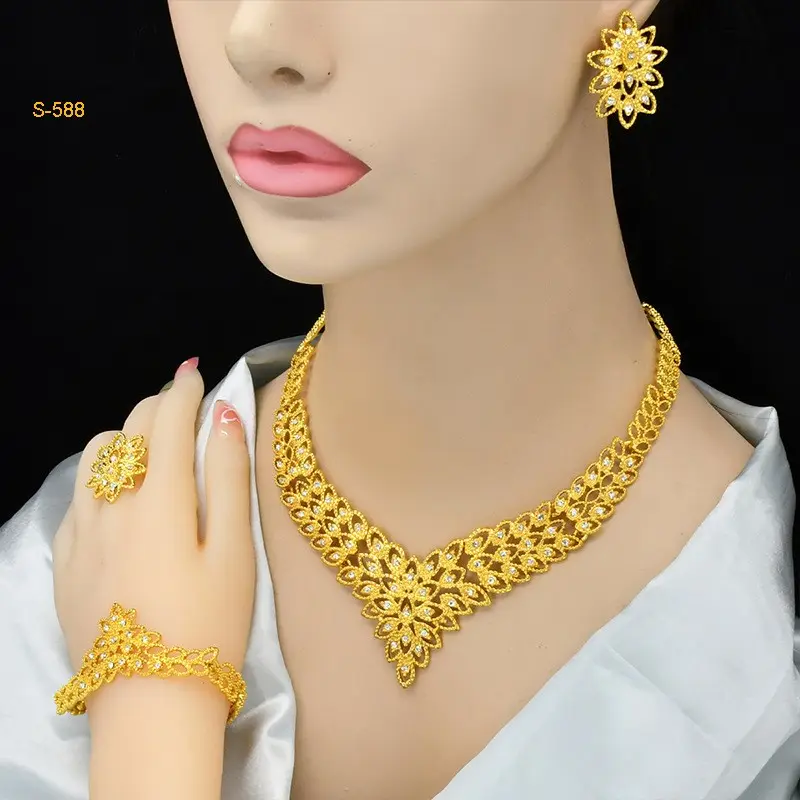 Jachon Ấn Độ Phụ nữ bộ đồ trang sức 24K vàng hợp kim Bridal Vòng tay trang sức vòng Bông tai trang sức Set