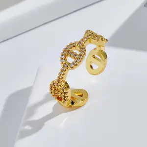 Nieuwste Geometrische Pig Nose Verstelbare Open Ringen 18K Vergulde Diamanten Crystal Link Chain Ring