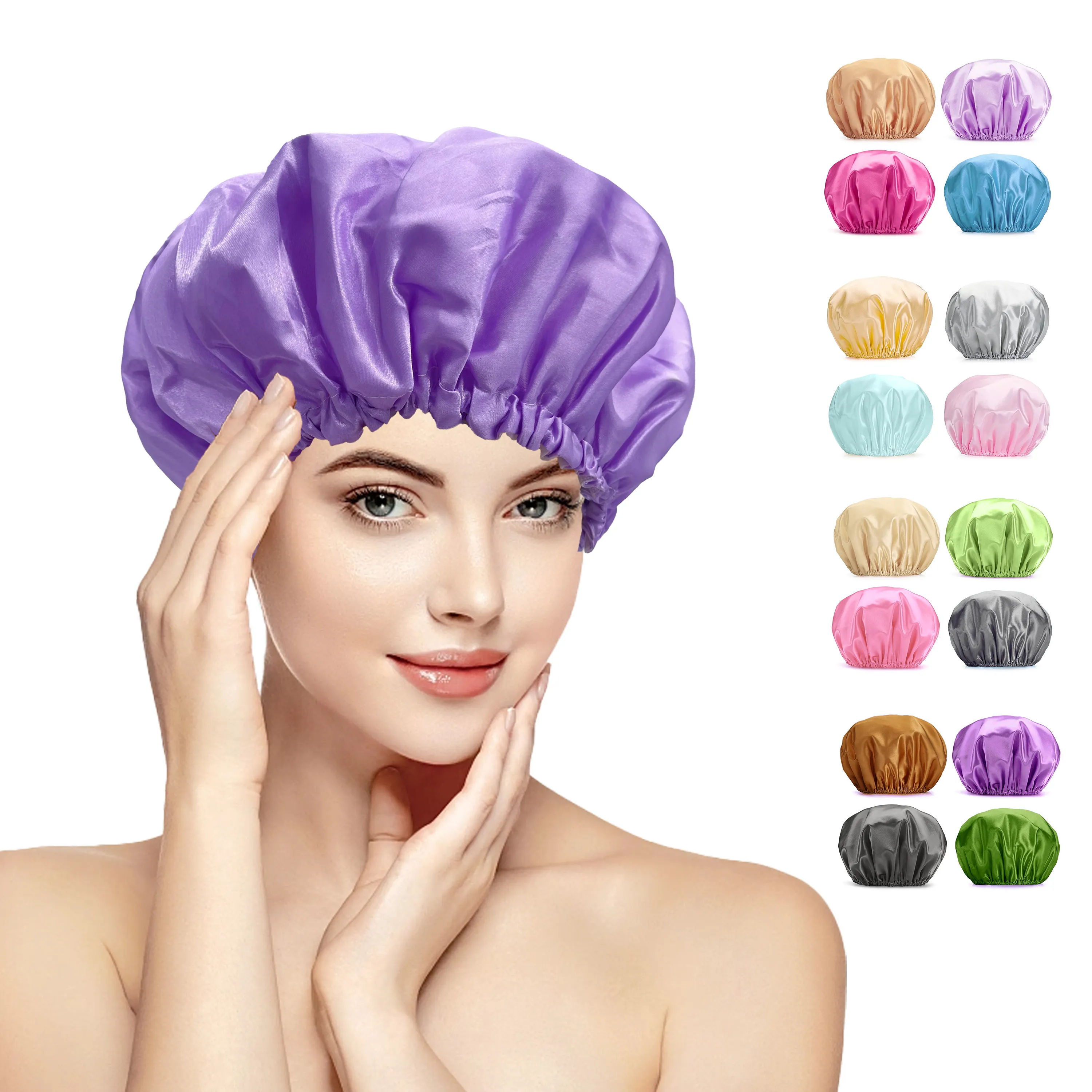 Bonnet de douche multicolore agrandi double face couleur unie réutilisable multifonctionnel réglable