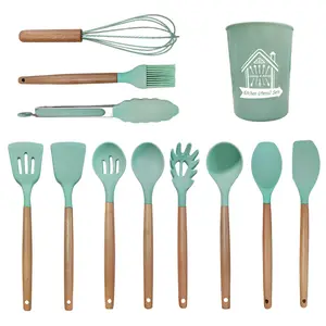 12-Piece Kitchen Accessories Set Sustainable Silicone Cookware Utensils With Wooden Handle For Baking And Cooking