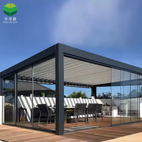 Pérgola de Aluminio para Exteriores, Fácil de Montar, Impermeable, Resistente al Viento, Techo de Láminas, Gazebo con Puertas Corredizas de Vidrio Motorizadas