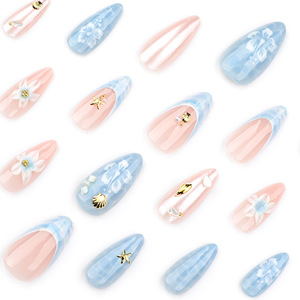 Faux ongles à presser courts en amande, motif vague d'eau 3D, océan bleu, coquillage, étoile de mer, ombré, été, vente en gros - Product Image 3