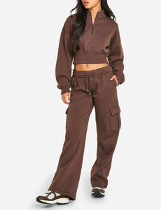 Tuta personalizzata con orlo profondo <span class=keywords><strong>felpa</strong></span> <span class=keywords><strong>e</strong></span> cintura di ricambio pantaloni della tuta a gamba tesa pantaloni <span class=keywords><strong>Cargo</strong></span> 2 pezzi tuta da donna - Product Image 4