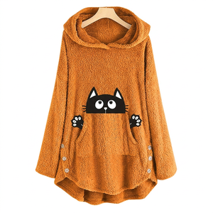 Sweat-shirt d'hiver surdimensionné à manches longues et épaules tombantes pour femme, en polaire rose avec imprimé de chat de dessin animé - Product Image 3