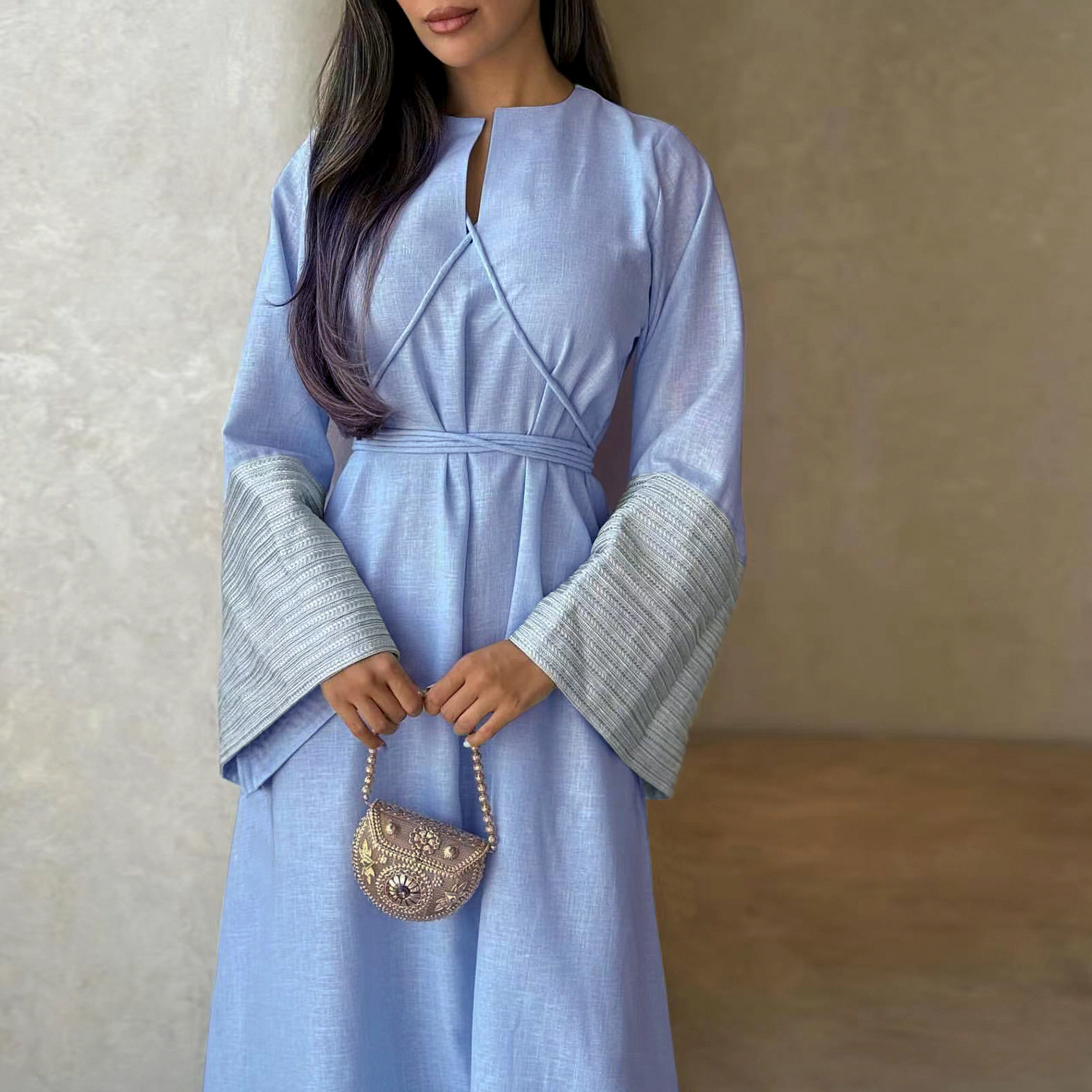 chinese dress ladies Zuri Pink Linen Summer Floral Modest Dress – House Of Haniya main image 0