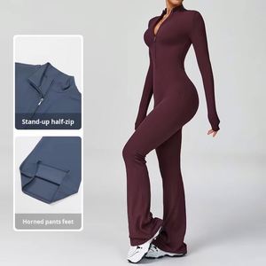 Mono deportivo de yoga para mujer con cremallera completa, manga larga, pantalón acampanado, color liso, para gimnasio y fitness - Product Image 3