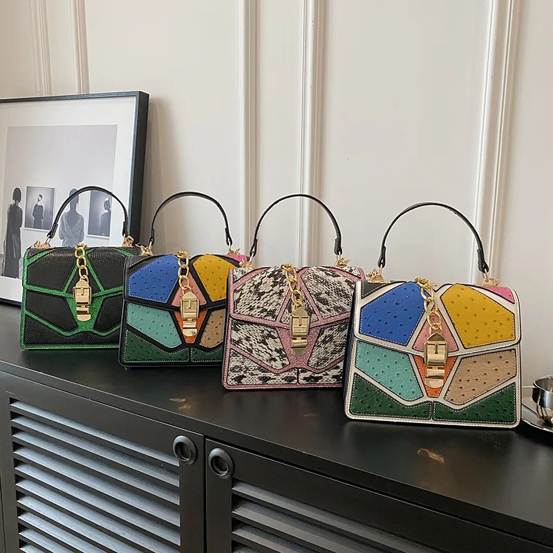 Borsa con spalline obliqua a spalla di lusso alla moda borsa con Splicing a quattro colori a contrasto piccola borsa a tracolla quadrata