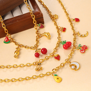 Conjunto de Joyería con Dijes de Frutas, Acero Inoxidable, Chapado en Oro, Collar, Pulsera y Aretes, Regalo para Mujer - Product Image 1