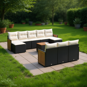 Ensemble de canapés de jardin modernes pour l'extérieur, 6 places, en rotin tressé avec structure en teck, résistant aux intempéries, design contemporain - Product Image 2