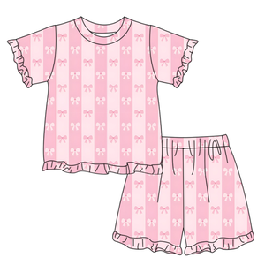 GSSO3339 Conjunto de Verano Personalizado para Niña Pequeña, con Estampado de Flores y Lazos Rosas, Conjunto de Manga Corta para Niña, Venta al Por Mayor - Product Image 6