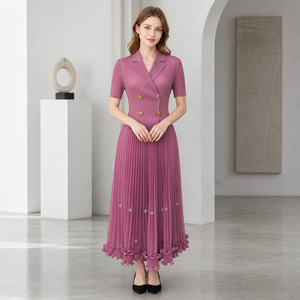 Vestido de Mujer de Buena Calidad, Estilo Blazer de Manga Corta, Doble Botonadura, con Volantes en el Bajo, Vestido Plisado Miyake para Verano - Product Image 5