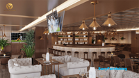 Concept de design d'intérieur pour pub et restaurant : comptoir de bar lounge en bois style speakeasy, ensemble table et chaises classiques pour salle de jeux de pub
