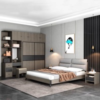 Lit de Luxe en Bois avec Cadre en Cuir, Tailles King et Queen, Ensemble Complet pour Chambre Principale, Appartement Moderne, Chambre à Coucher, Salon, Hôtel