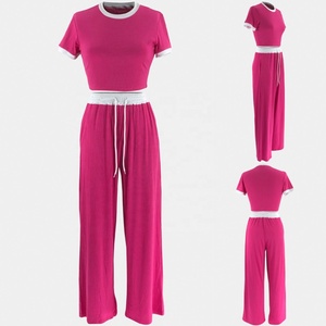 M3152 Conjunto de Roupas Femininas de Primavera em Duas Peças, Camiseta de Manga Curta com Decote Redondo e Calça em Patchwork Colorido - Product Image 5