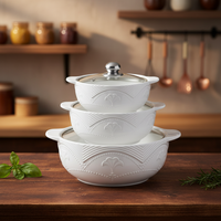 Ensemble de trois casseroles à soupe en céramique texturée blanc pur avec couvercles en verre, compatibles lave-vaisselle, résistantes à la chaleur, grande capacité, style américain