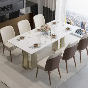 豪华宴会餐桌大理石方形顶部可延伸长度金色底座12座餐桌