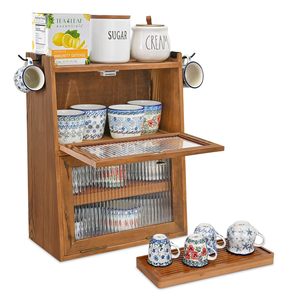 Mueble de Almacenamiento de Madera de 2 Niveles <span class=keywords><strong>para</strong></span> Encimera con Puertas Onduladas, Organizador de Madera con Bandeja de Té Extraíble, Mueble de Bambú - Product Image 1