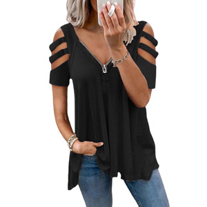 Women's Waffle <b>Zipper</b> V-Neck Off Shoulder Short Sleeve T-Shirt Solid Color Breathable Plus Size <b>Top</b> - Product Image 5