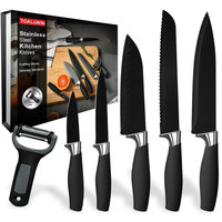 Ensemble de couteaux de cuisine, ensemble de couteaux de cuisine en cadeau avec des manches en plastique argenté, lames noires tranchantes comme des rasoirs, poignées à prise souple