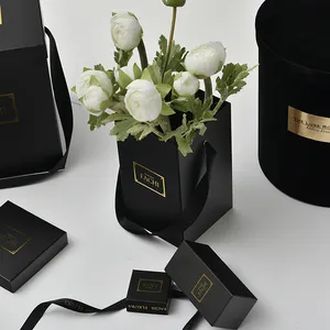 Luxury Customized Black Round Box Rose Gift Packaging Cylinder 2 Piece Cardboard Hat Flower Box With Logo