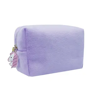 High Quality Custom Logo Square Plush Makeup Bag With Personalized Zip Puller , Velvet Cosmetic Bag Small Travel Makeup Pouch*