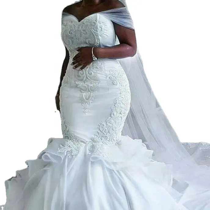 FA104 Elegante Satin Vintage Mermaid Trouwjurk Met Lange Wrap Zuiver Wit Kant Borduurwerk Afrikaanse Mermaid Wedding Gown